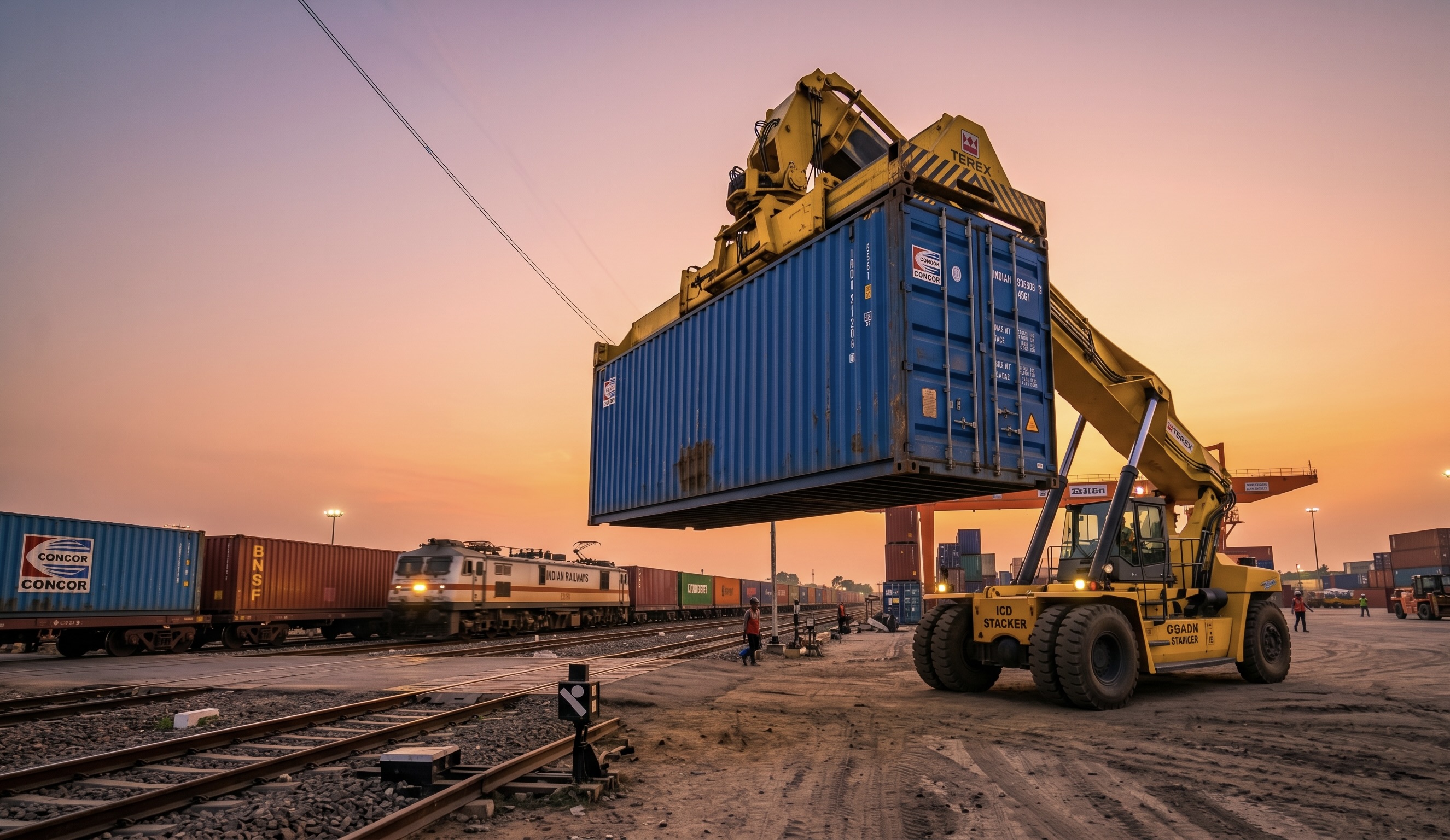 Reach stacker lifting shipping container at Indian freight terminal during golden hour
