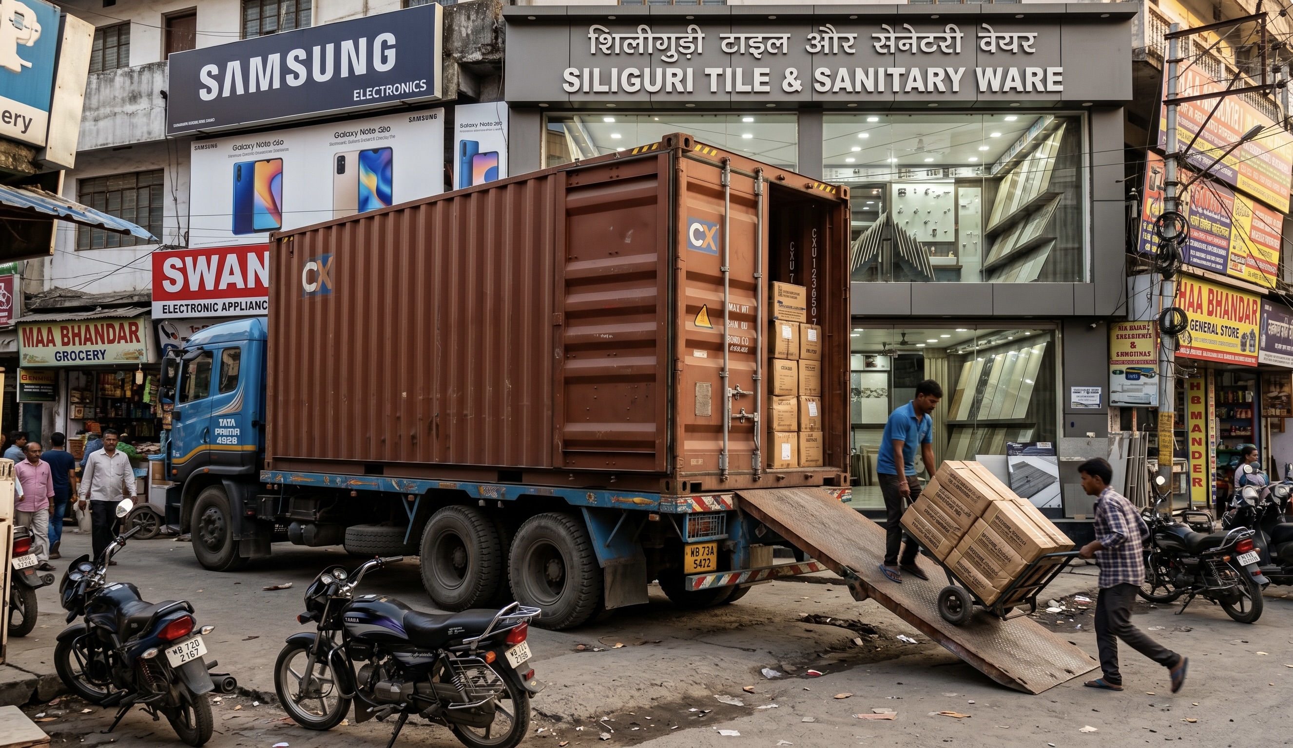 Container truck unloading tiles at Siliguri tile showroom