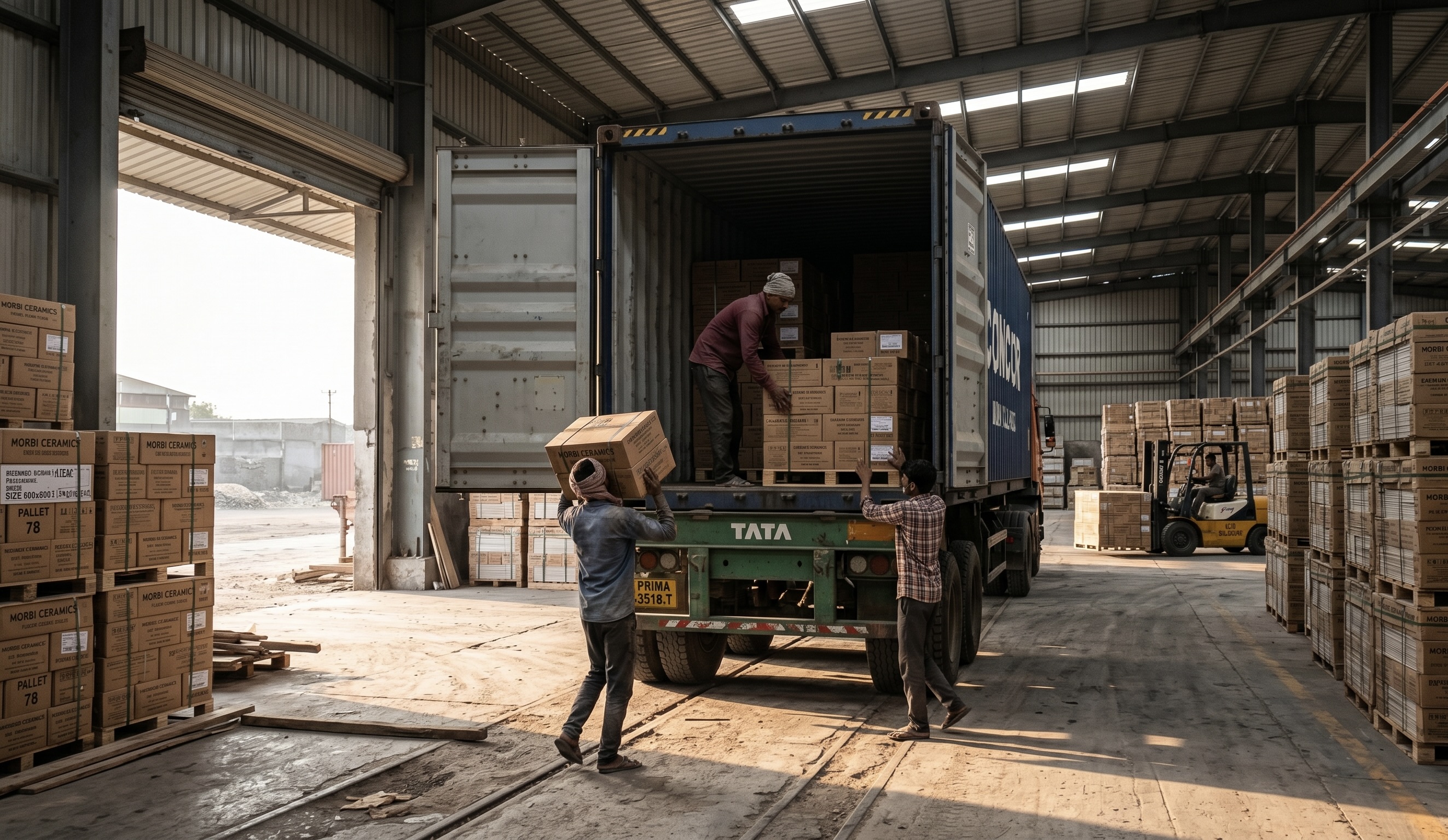 Workers loading tile boxes into container at Morbi factory warehouse