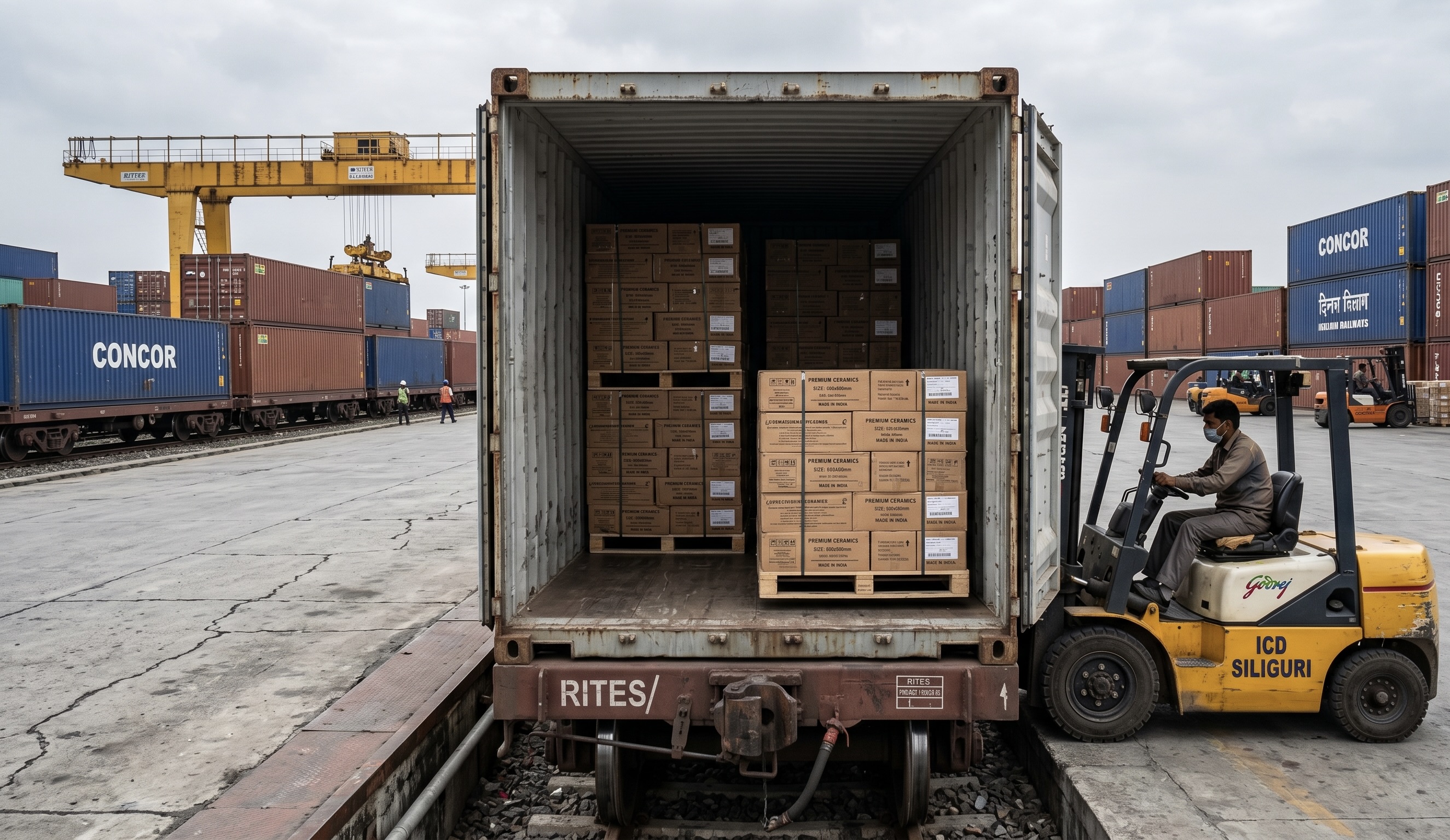 Forklift loading container at ICD Siliguri with CONCOR containers
