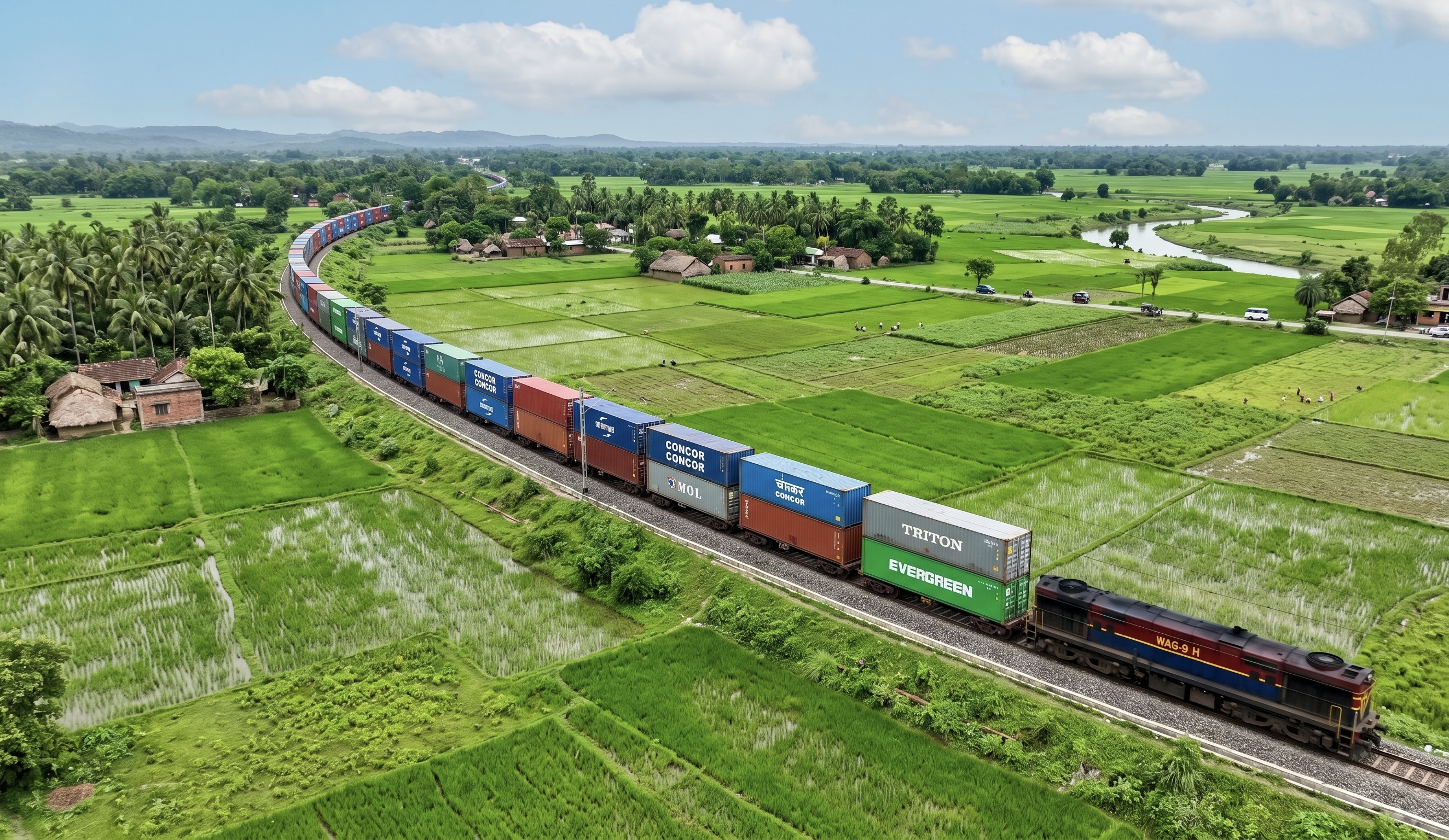 Aerial view of container freight train curving through green Indian farmland