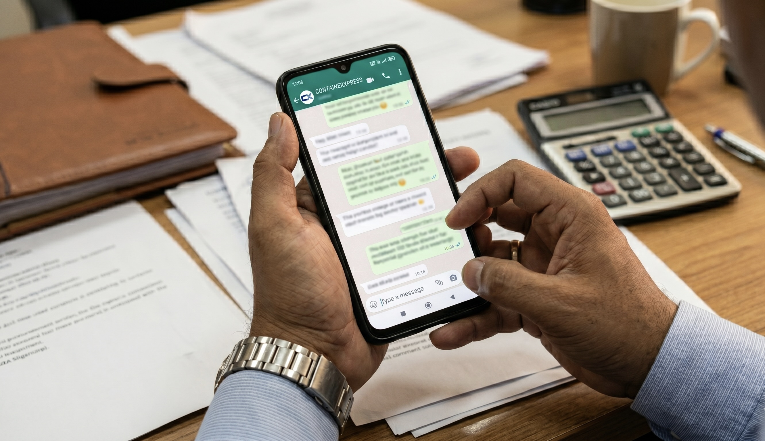 Businessman checking ContainerXpress WhatsApp updates on phone